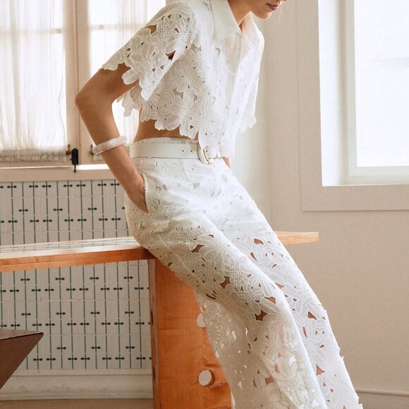 Tops - White Preppy Women's Woven Embroidered Short Sleeve Crop Top Pants Set